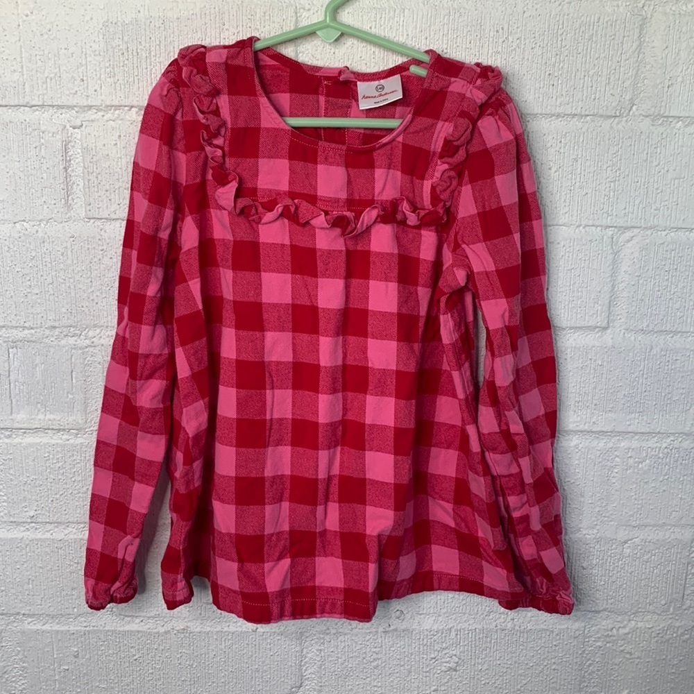 Hanna Andersson Plaid Ruffle Red Cotton Girls Kids Thick Blouse size 10
